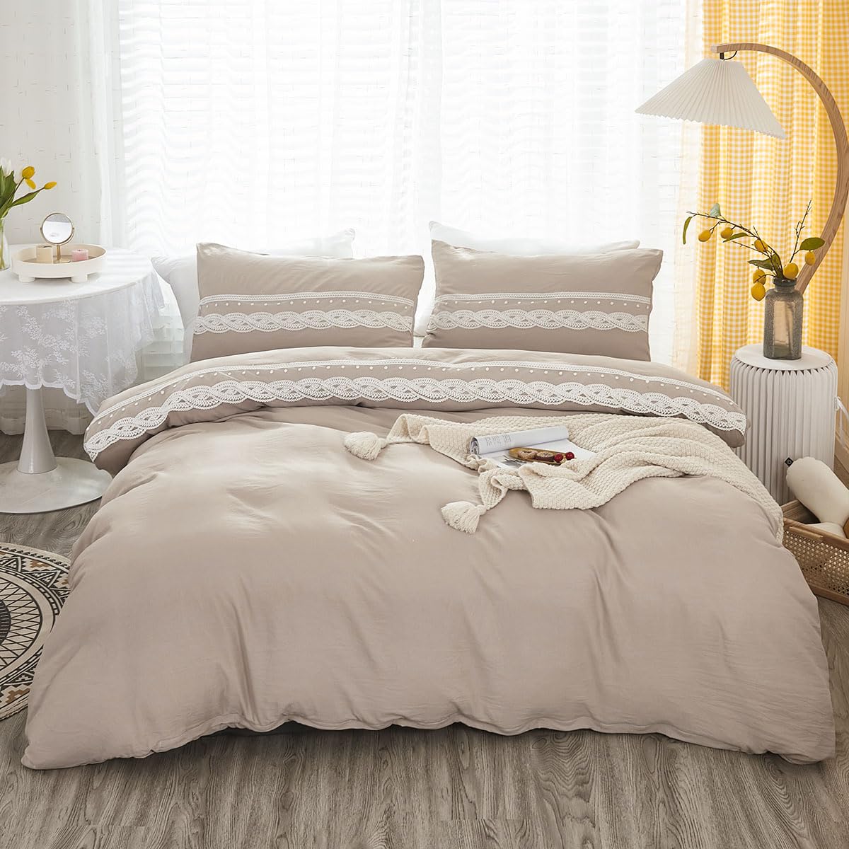 Photo 1 of ***SIMILAR PRODUCT** NOT EXACT DESIGN**INFLAG Duvet Cover Set with Lace, French Vintage Crocheted Lace Cotton Blend Solid Color Boho Luxury Farmhouse Bedding, 3pcs (Light tan, King 104"x90")