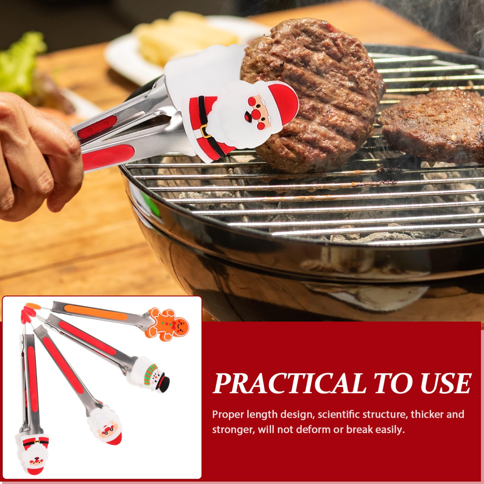DOITOOL Set di 4 mini pinze natalizie in silicone, 20,3 cm, piccole pinze natalizie per cucinare, pinze da cucina colorate antiscivolo per Natale, vacanze, festival, servire cibo, insalata, frutta