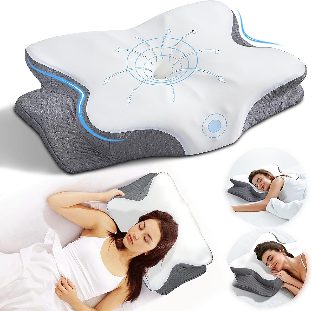 Almohada cervical para aliviar el dolor, almohadas ergonómicas de espuma de memoria para dormir, almohadas de soporte para el cuello para dormir con funda de almohada, almohada ortopédica de contorno para dormir boca arriba