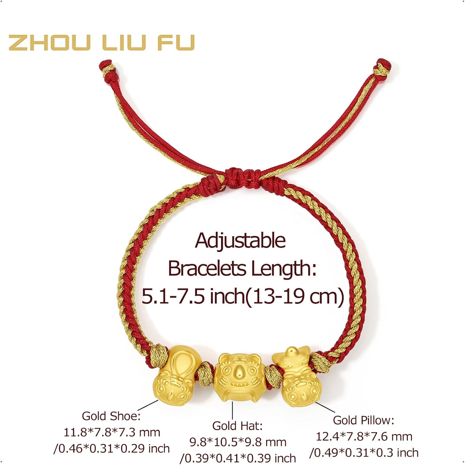 24K Solid Gold Bracelet Tiger Real Pure Gold Jewelry Lucky Chinese Zodiac Charm Red Braided Bracelet 5.1-7.5" A1711121