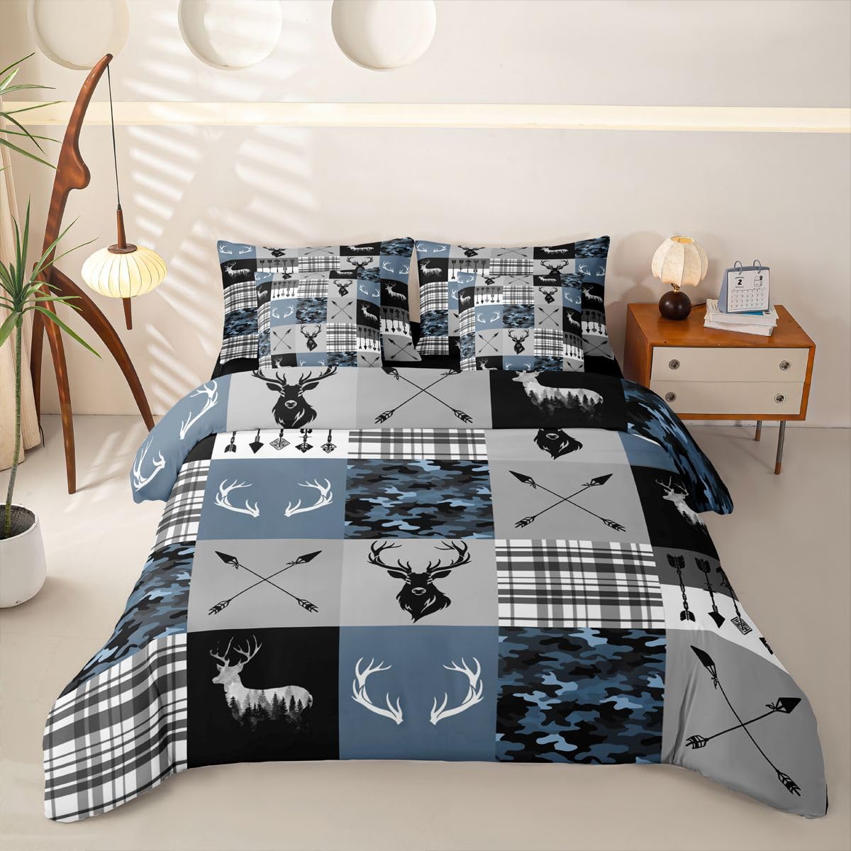 Loussiesd Juego de funda de edredón con diseño de ciervo de camuflaje azul, tamaño doble, 7 piezas, ropa de cama para niños y niñas, con funda de edredón, sábanas, fundas de almohada, fundas de cojín