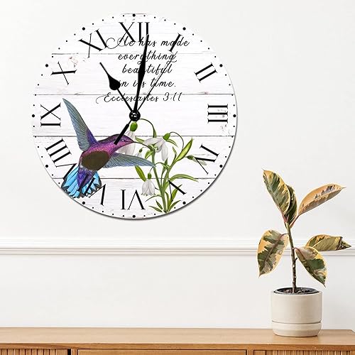 Miniatura 81 de ArogGeld He Made Everything Beautiful - Reloj de pared de PVC con flores rosadas, colibrí, reloj de pared grande con cita y números romanos, reloj