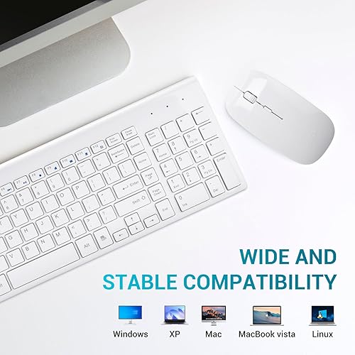 Miniatura 7 de RVP+ Teclado inalámbrico y mouse ultra delgado Combo, 2.4GHz inalámbrico USB Mouse y teclado PC Ordenador portátil - Blanco