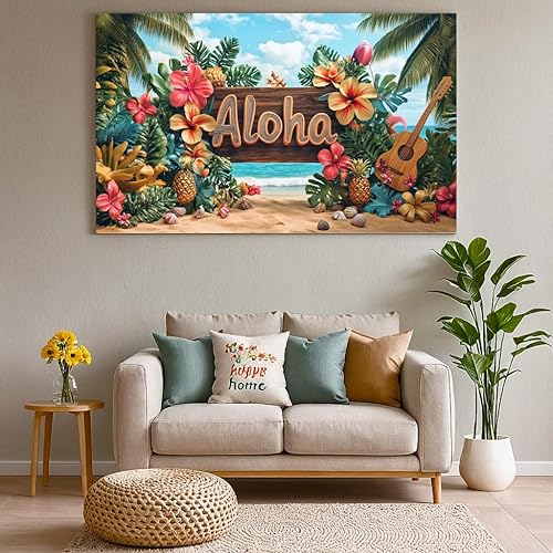 Miniatura 7 de Pancarta hawaiana para fiesta, decoración de verano, Luau playa, telón de fondo, palmera, piñas, orquídeas, ukeleles, cabina de fotos, fondo para