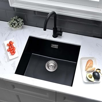 Quartz Black Kitchen Sink, 50x45cm/20x18in, Composite Inset/Undermount Kitchen Small Sink Waste Kit,Single Bowl Commercial with Overflow, Suitable for Workstation