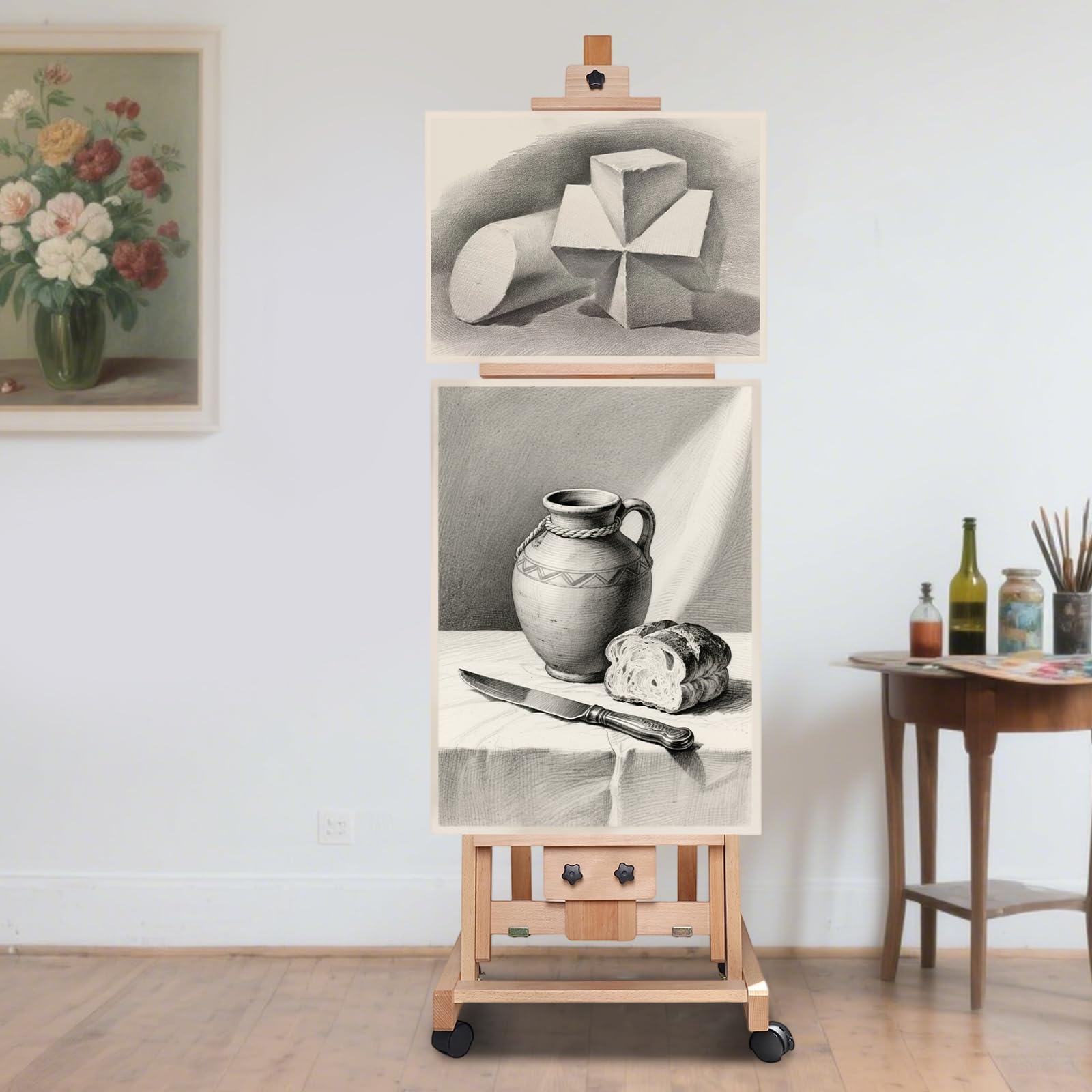 Buchenholz Staffelei Groß H-Rahmen 143-232cm Höhenverstellbar, mit 4 Bremsen Rädern, Künstlerstaffelei für Studio/Atelier/Erwachsene/Kinder