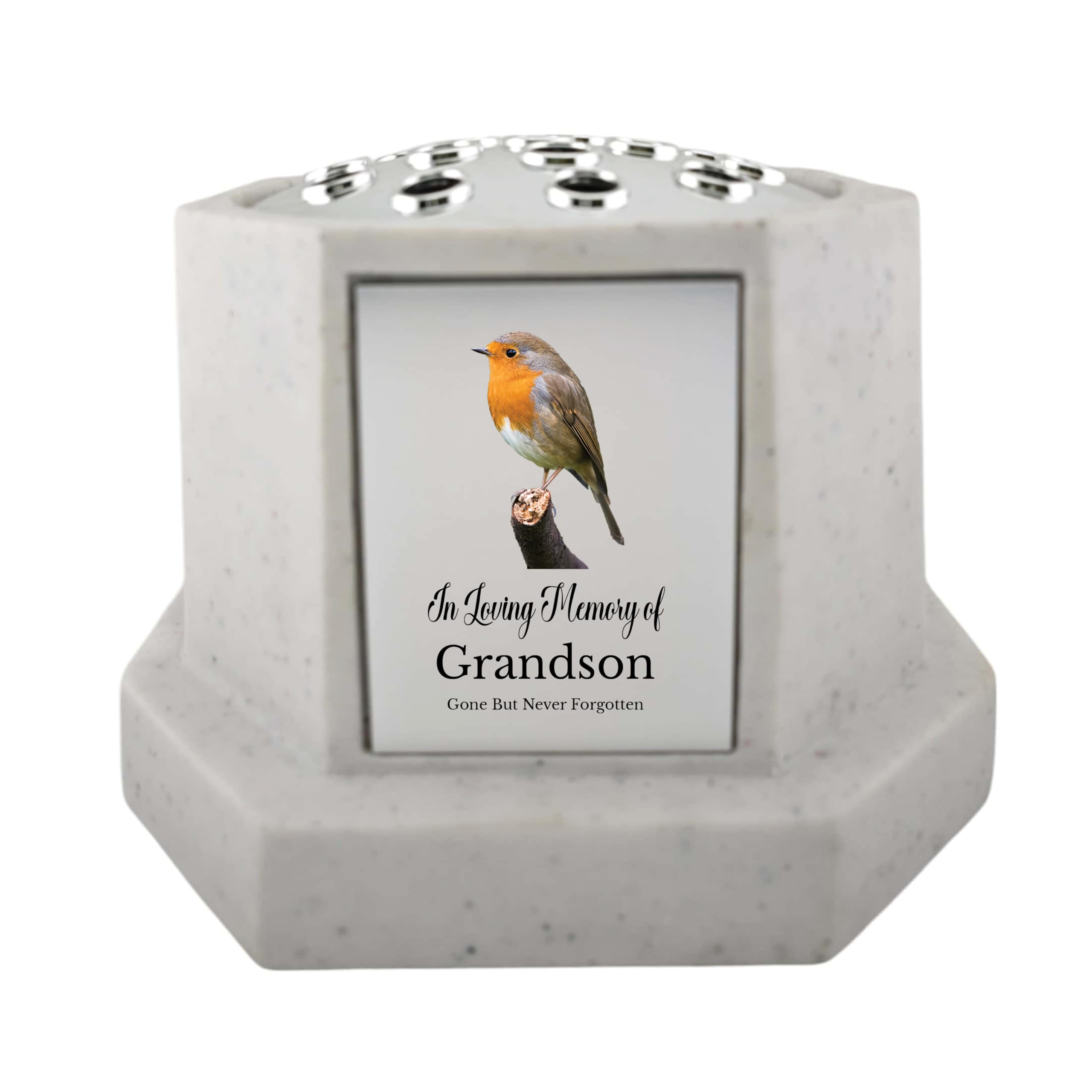 1Stclassgifts White In Loving Memory Of Memorial Octagon Rose Bowl Grave Marker Flower Pot Vase With Robin Design Mum Dad & Lots More /Silver (Uv Printed) (Grandson)