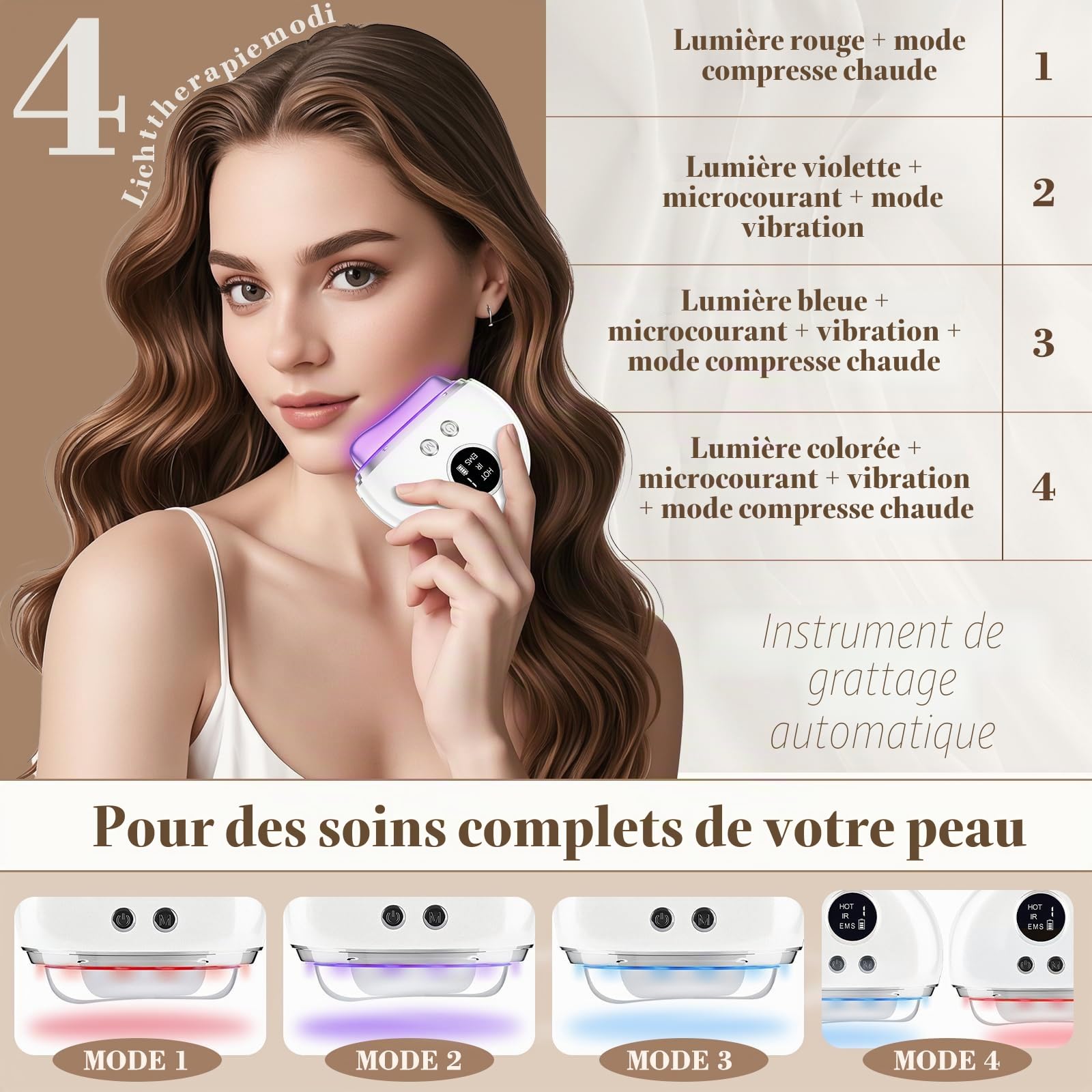 Appareil Gua Sha Électrique Visage, Massage Anti-Rides, 3 Modes EMS, Raffermissement Visage, Lifting, Double Menton, Appareil de Tonification Visage avec Lumière LED