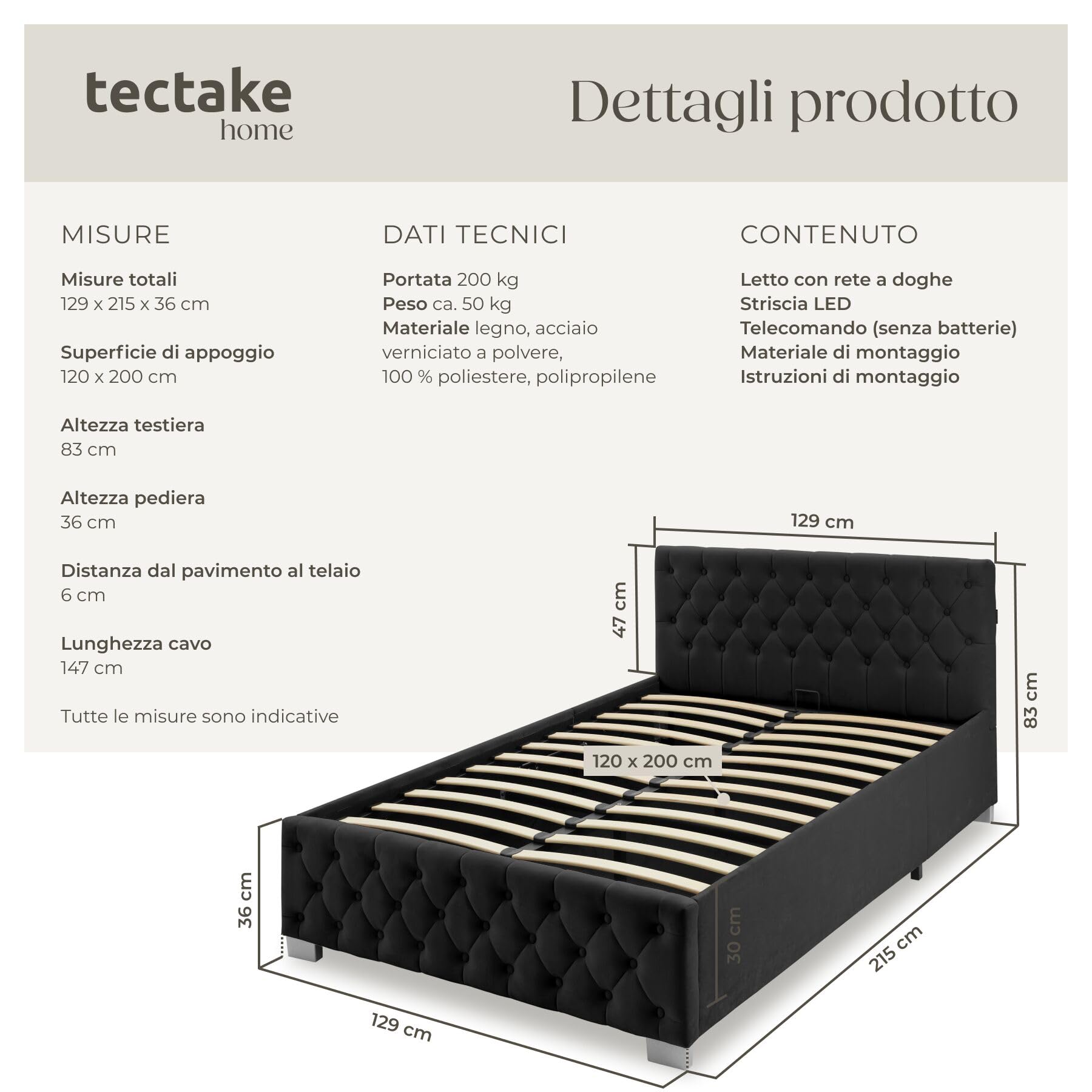 tectake® Letto Matrimoniale Imbottito con Rete a Doghe 120x200 cm, Letto Contenitore Matrimoniale e Illuminazione LED, Struttura in Acciaio, Velluto Trapuntato Chesterfield, con Telecomando - Nero