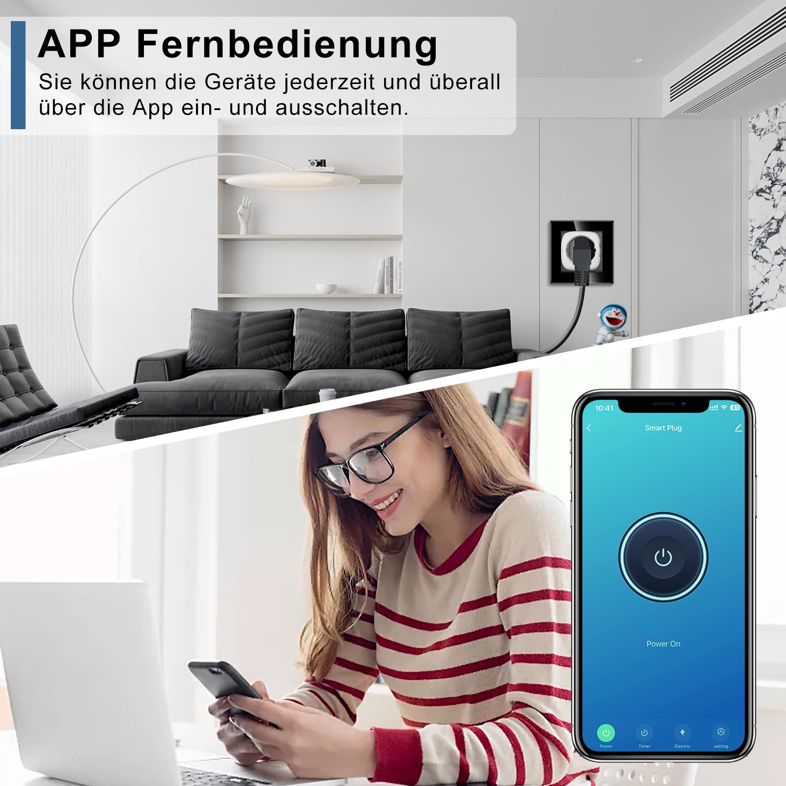 CNBINGO Toma de Corriente Inteligente WLAN con medición de Potencia, Funciona con Alexa, Google Assistant, Mini Enchufe WiFi con Temporizador y Control por Voz, Enchufe d