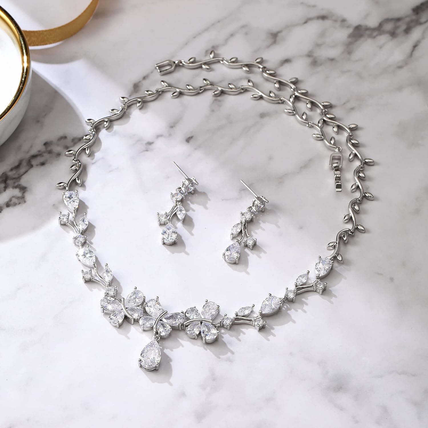 BriLove Wedding Jewelry Set for Bride CZ Teardrop Butterfly Flower Leaf Filigree Necklace Earrings Women Party Prom Accessories