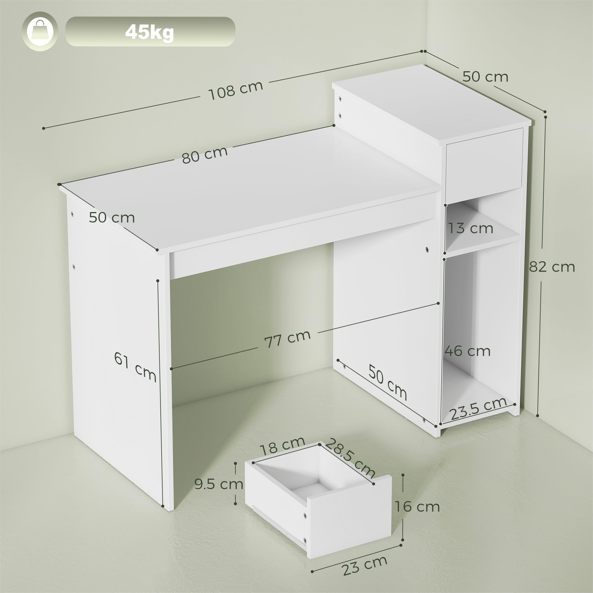HOMCOM Scrivania Salvaspazio Moderna con Cassetto e Spazio per PC Tower, Scrivania con Scaffale in Legno, Tavolo Porta PC per Computer, per Ufficio, Studio e Camera da Letto, 108x50x82cm, Bianco