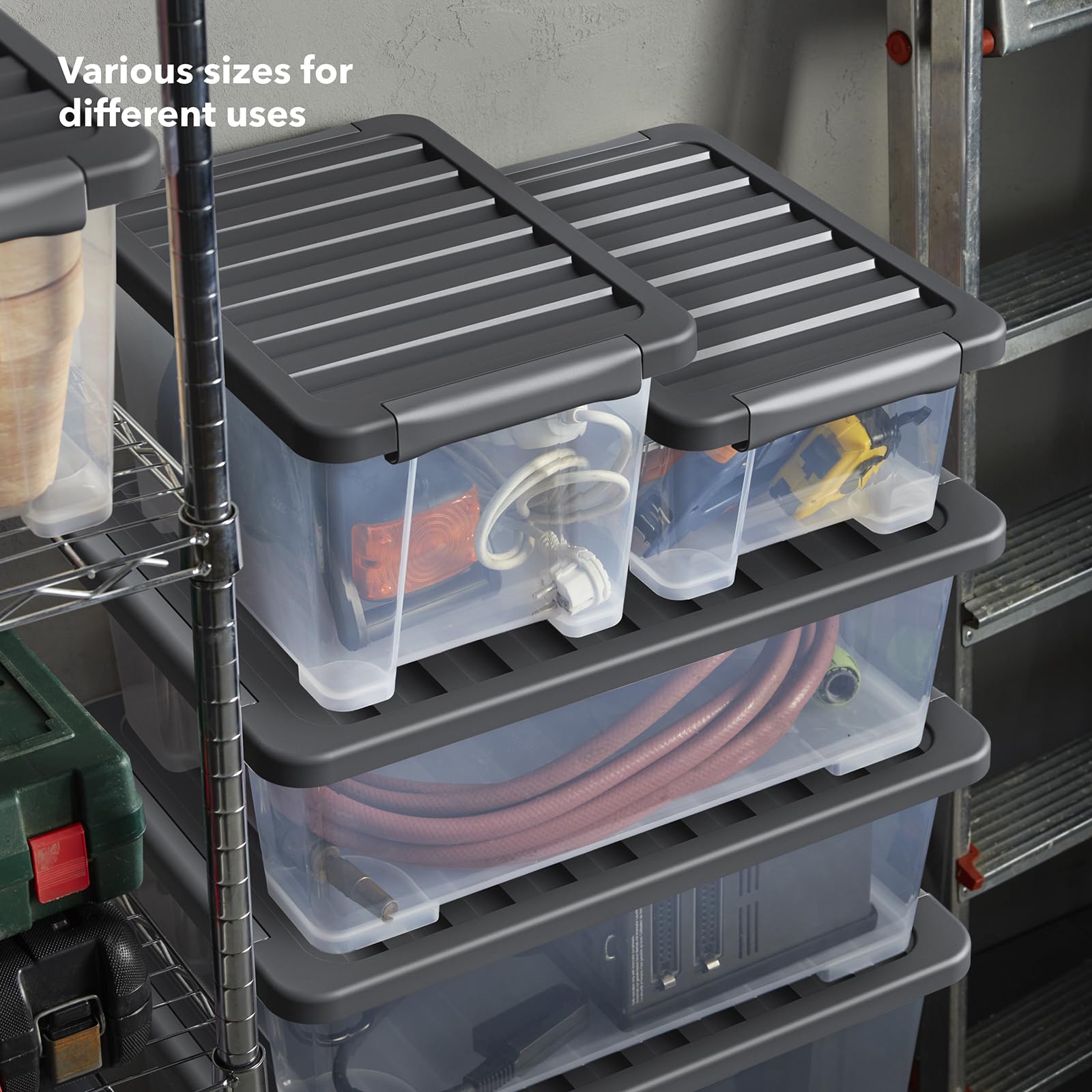 Rotho 4er-Set Core Plus Aufbewahrungsboxen mit Deckel 44l - Boxen Stapelbar | Transparente Kunststoffkiste 59x39,5x28 cm mit Griffen für Keller & Büro, 44 Liter Ordnungssystem mit App-Anbindung
