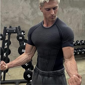 Mens Compression Shirt, Printing Short Sleeve Cool Dry Athletic Shapewear, Workout Slimming T-Shirt for Sports Gym Running