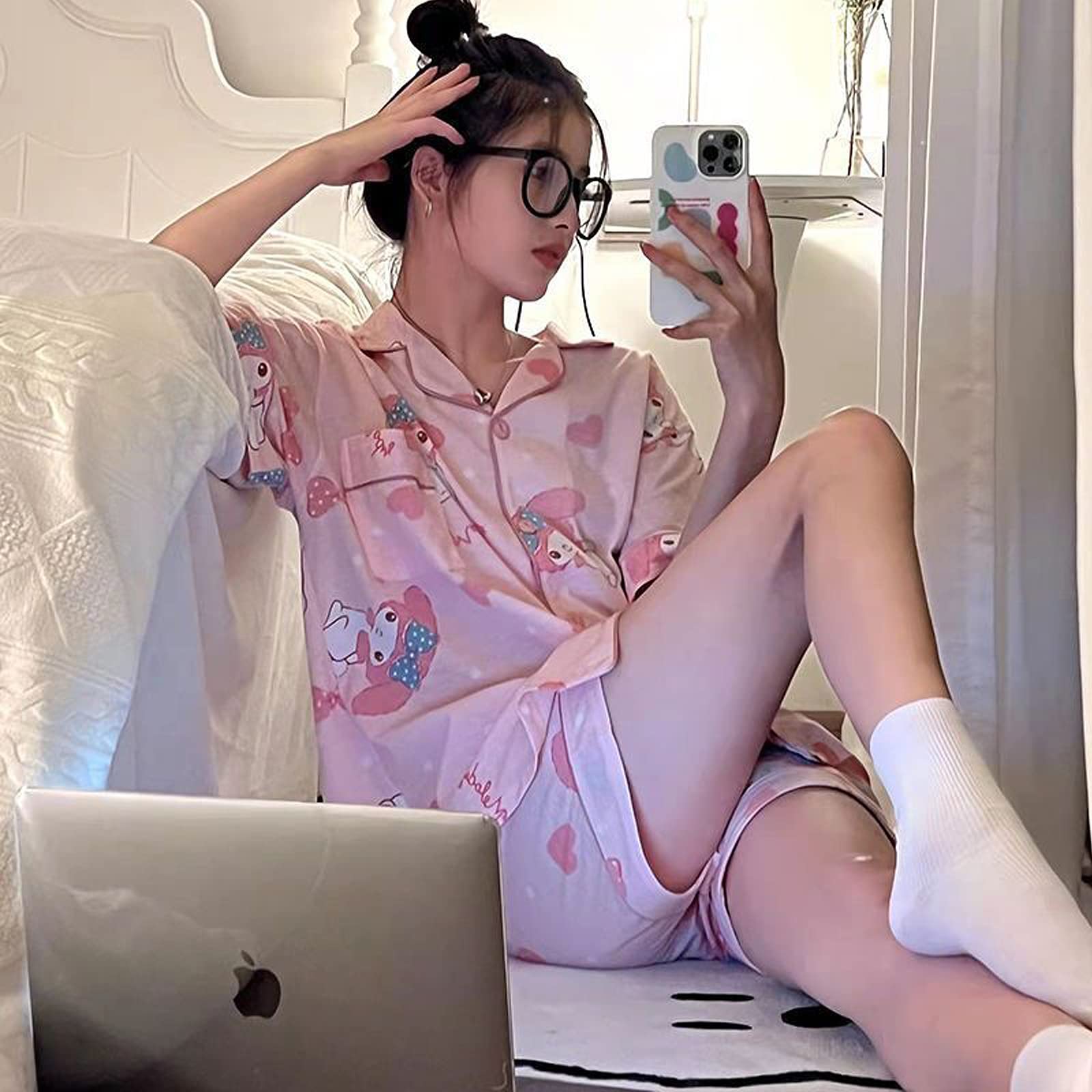 Oxsioeih Kawaii Pajamas For Women Two-Piece Set Cute Cartoon Girls Pajamas Pants Cardigan Sleepwear Home Clothes