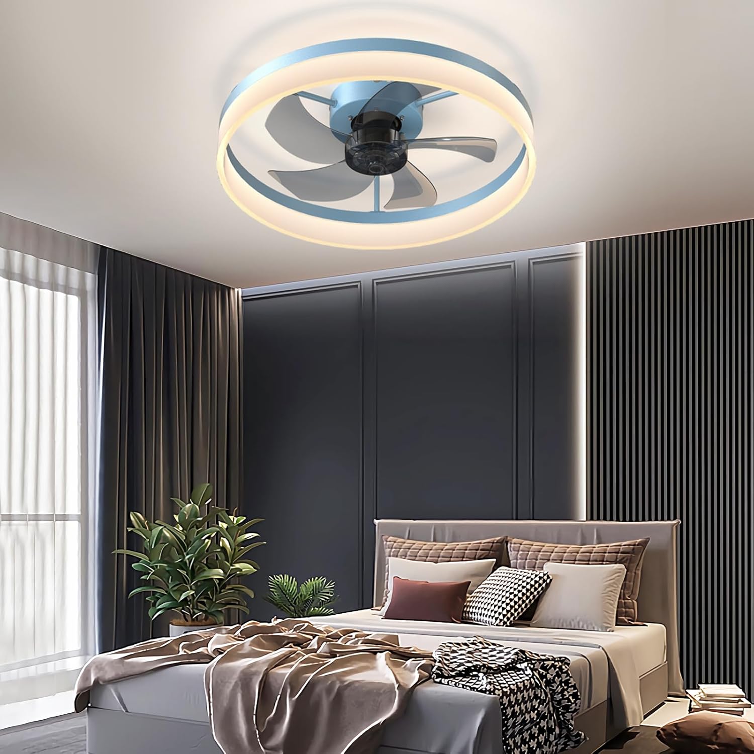 Ceiling Fans with Lights Dimmable LED Embedded Installation of Thin Modern Ceiling Fans(Blue), 3 Temperature Settings, Energy-Efficient