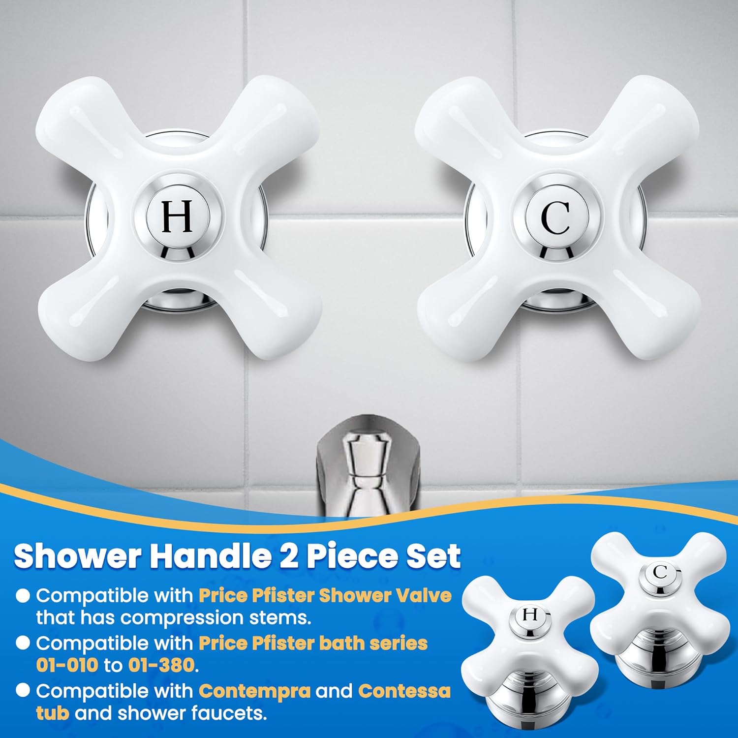 Enhon 2 Pcs Handle Set, Cross Arm Handle Compatible with Price Pfister Shower Valve, Hot and Cold, Fits 12 Point Broach Stem, Chrome Finish White