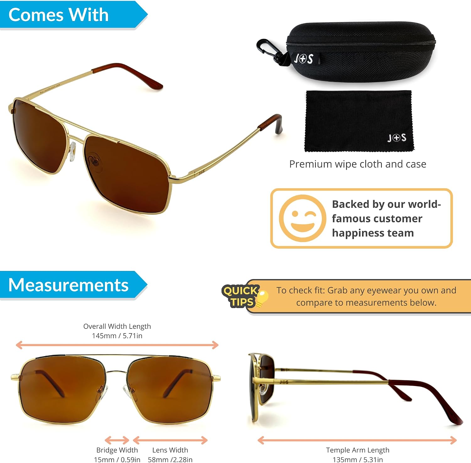 J+S Rua Retro Rectangle Aviator Polarized Sunglasses for Men | Metal Spring Hinge | Polarized 100% UV 400 | Medium-Large Fit