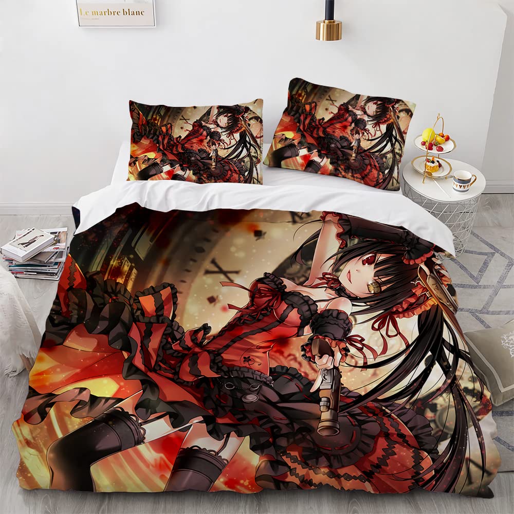 KlekyesAnime Date A Live Bedding Duvet Cover Set,3D Cartoon Tokisaki Kurumi Breathable Bed Quilt Cover Comforter Protector with Pillowcases for Bedroom Decoration (Color 4, Queen 90 * 90 in)