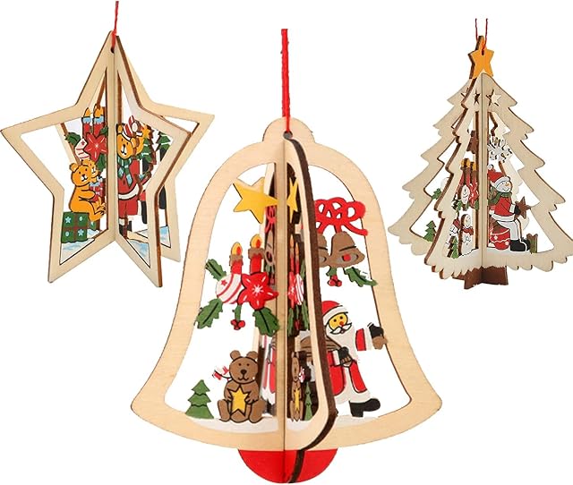 GNCLOUD Wooden Christmas Decorations, 3 Pcs Wooden Christmas Tree Ornaments Hanging Pendant Crafts Xmas Decor Party Gifts