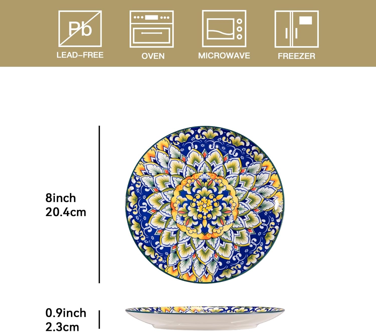 Sweejar Salad Plates 8 Inch,Ceramic Dessert Plates Set of 6,Bohemian Style Small Dinner Plates Dishwasher and Microwave Safe Round Colorful Dishes for Kitchen - Image 2