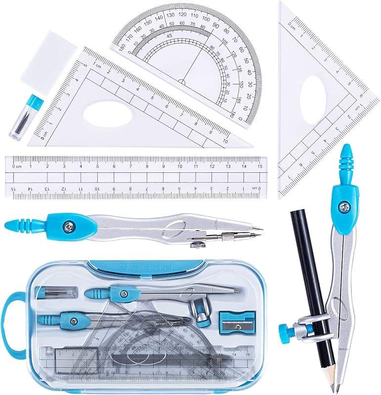 Math Geometry Kit Set 10 Pieces with Shatterproof Storage Box, Student Supplies Drawing Compass Includes Protractor, Rulers, Compass, Pencil Sharpener, Lead Refills, Pencil, Eraser(Blue)