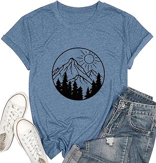 Adventure Awaits Hiking Tops Women Graphic Tees Nature Mountain Shirt | Sports and Outdoors, Natural Life Camping Shirts, Journey T Shirt, Tree Print Short Sleeve Top