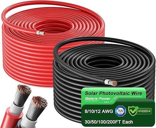 Miniatura 1 de Bateria Power Solar Panel Cable 100FT Black and 100FT Red Kit, 10AWG (6mm) Solar Extension Wire, Tinned Copper Wire for Outdoor Automotive RV Boat
