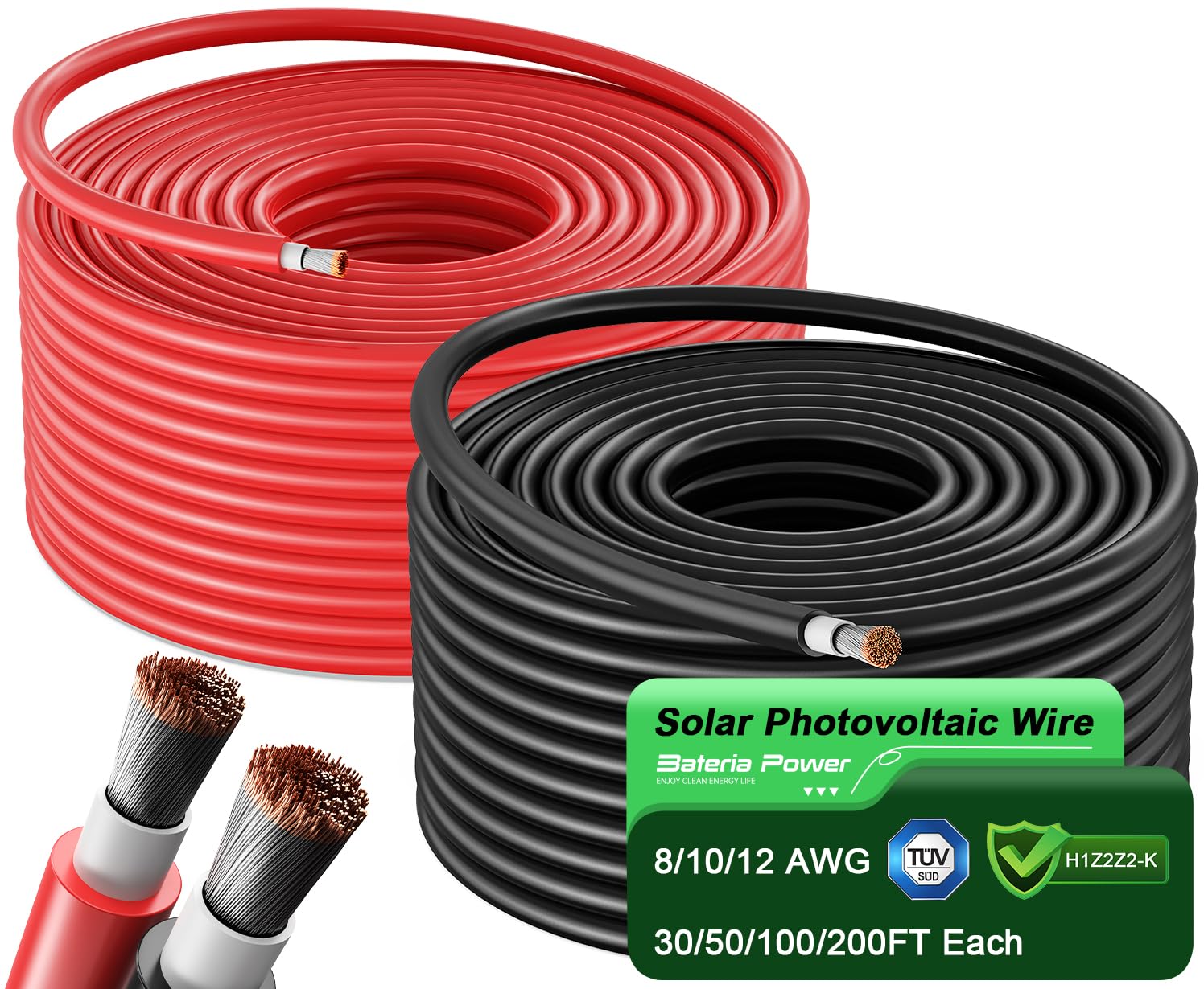 Solar Panel Wire 50Ft Black and 50Ft Red Kit, 10AWG (6mm²) Solar Panel Extension Cable PV Tinned Copper Wire for Outdoor Home Off-Grid Photovoltaic Systems Automotive RV Boat Marine