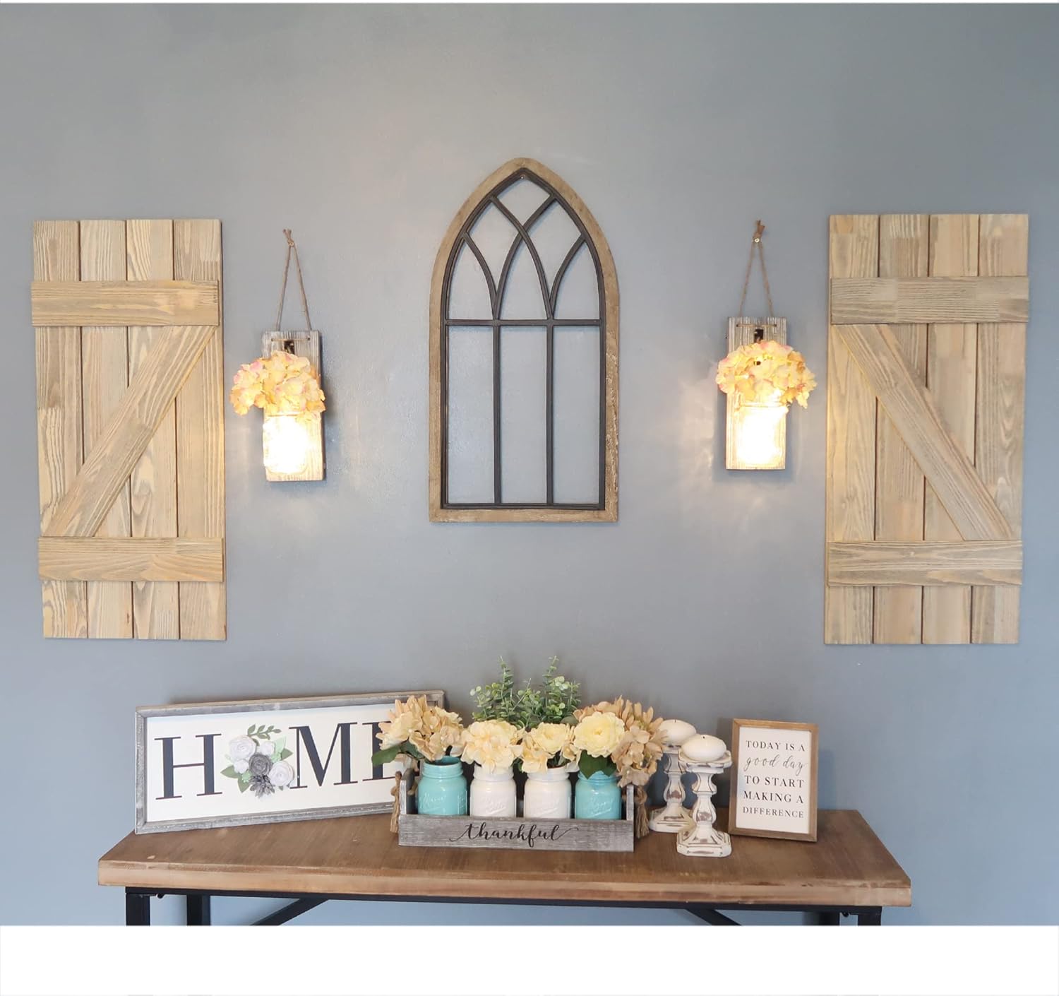 Besuerte Rustic Wall Decor Set of 2, Farmhouse Decor Living Room with Remote Fairy Light and Multicolor Hydrangea Flowers, Rustic Grey