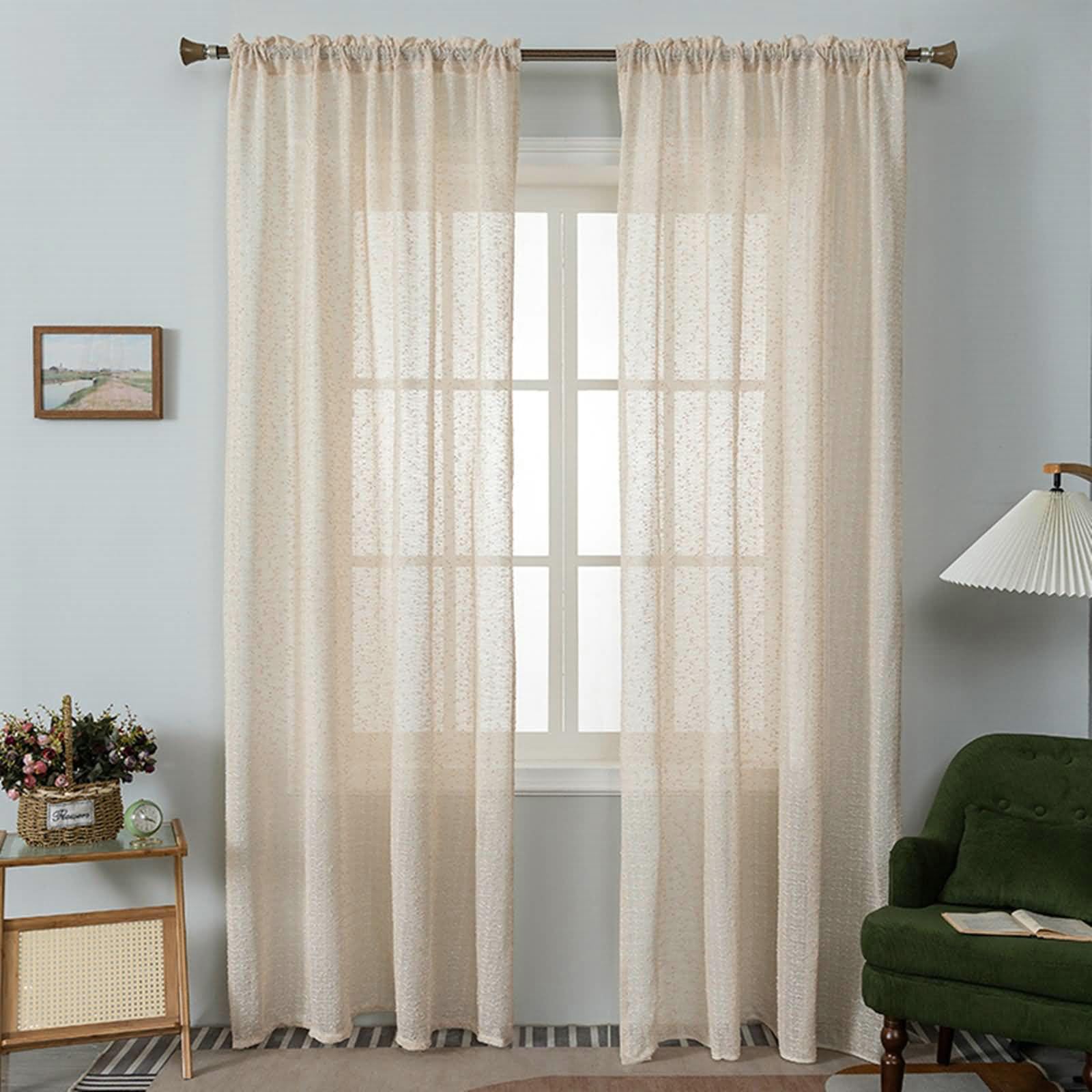 Beżowa półprzezroczysta zasłona o długości 148 cm zestaw 2 paneli, jednolity kolor kieszeń na karnisz zasłony okienne do salonu sypialni 106 cm szer. x 147 cm dł