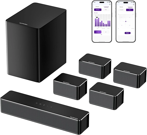 ULTIMEA Barras de som 7.1 para Smart TV, 4 alto-falantes surround com fio, sistema de som surround virtual, potência máxima de 410 W, controle de aplicativo, barra de som de TV com subwoofer sem fio