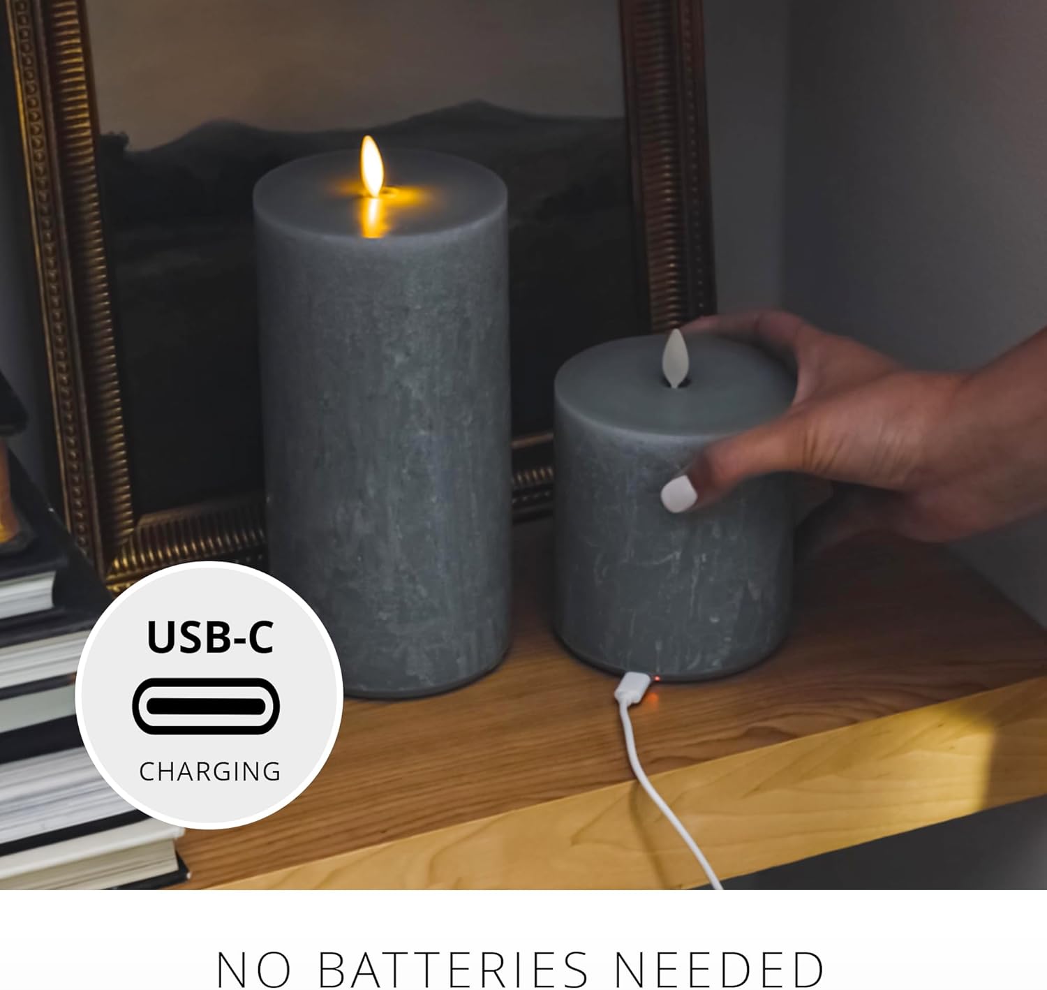Luminara Seaglass Rechargeable Flameless LED Candle, Silver Blue 3.8" x 5.3", Moving Flame Pillar Timer, USB Type-C Charging Cable, Unscented Real Wax