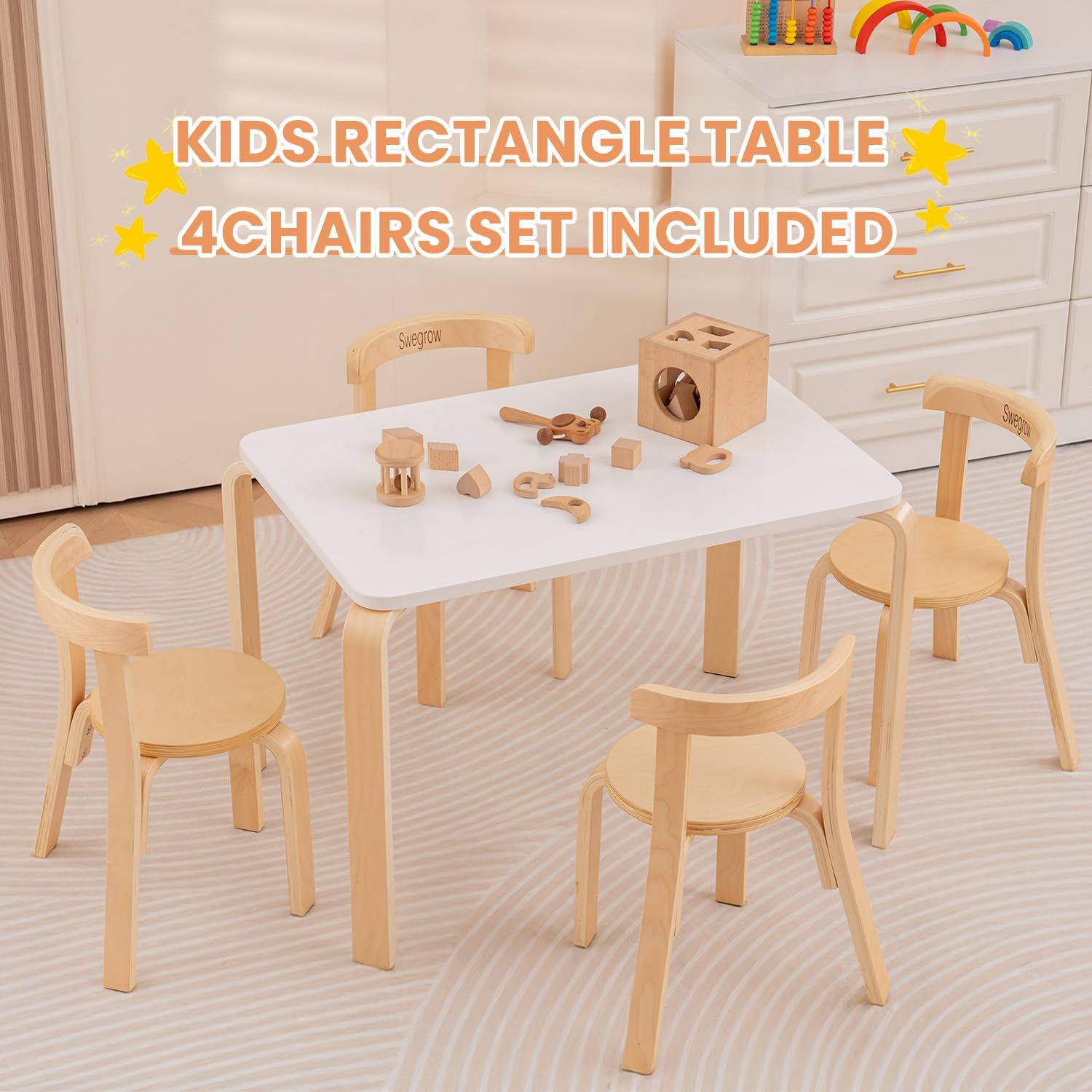 Swegrow Kids Table and 4 Chairs Set, Wooden Table and Chairs for Kids & Toddler，Kid Wooden Furniture for Playroom/Home/Kindergarten