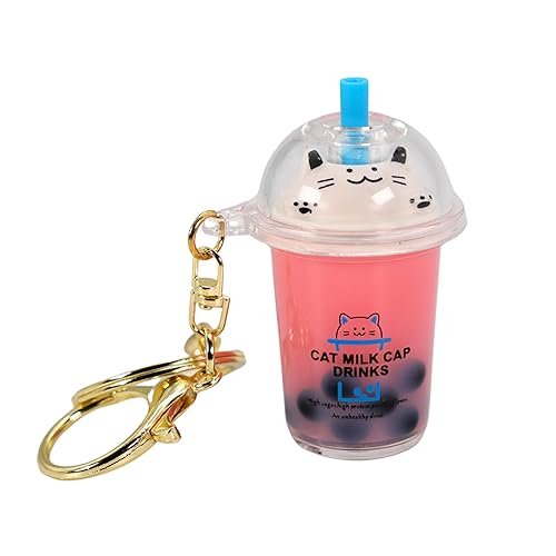 Charming Boba Cat Milk Tea Keychain Keyring Cat Milk Cap