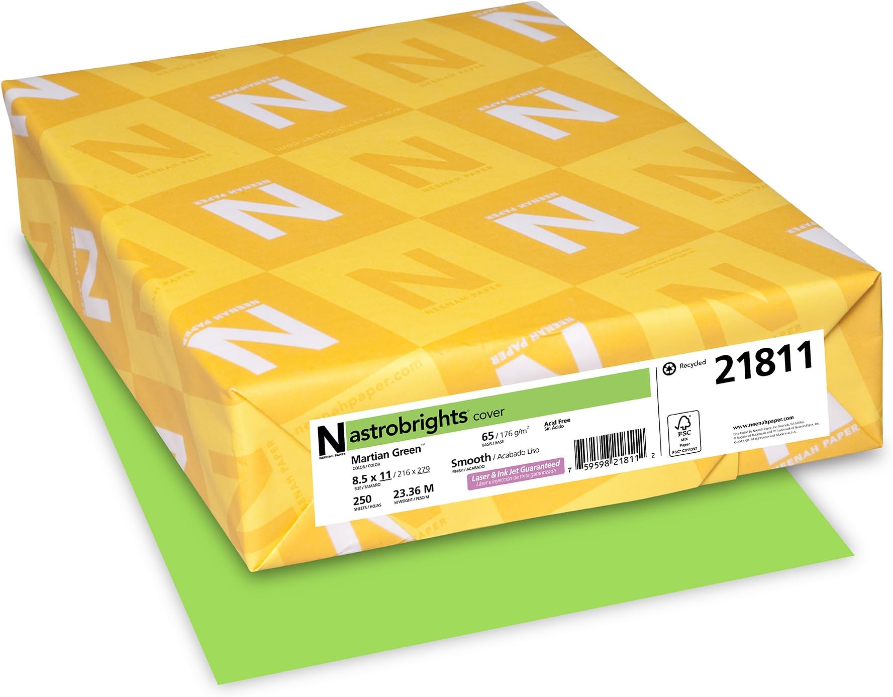 Wausau Papers Neenah Paper 21811 Astrobrights Colored Cardstock, 8.5” x 11”, 65 lb/176 GSM, Martian Green, 250 Sheets