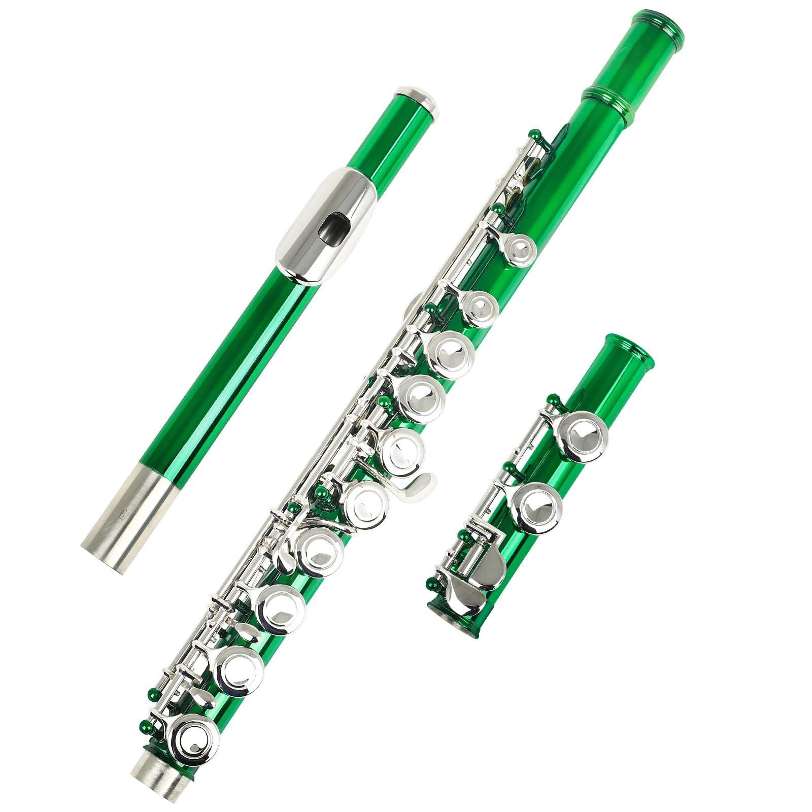 flauto Flauto traverso professionale placcato argento con chiave C a 16 fori chiusi con chiave E (Color : Green)