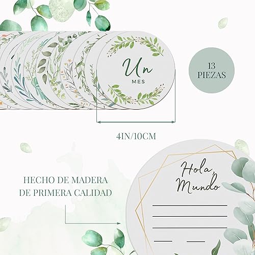 Miniatura 2 de Fiber + Flower 12 juegos de hitos mensuales para bebé, círculo de madera mensual con letrero de Hello World para recién nacido, letreros de 1 a 12