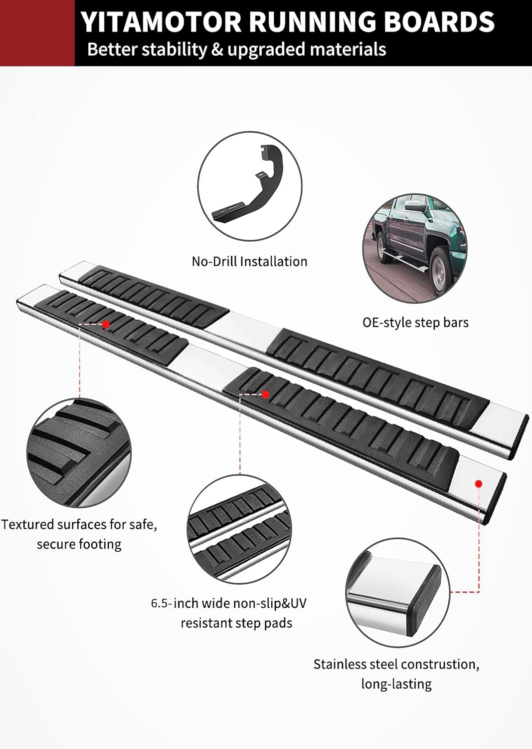 YITAMOTOR Running Boards Compatible with 2019-2026 Chevy Silverado/GMC Sierra 1500, 2020-2026 Silverado/Sierra 2500HD 3500HD Crew Cab(Excl. 2019 1500 LD), 6.5'' Stainless Steel Side Steps Nerf Bars