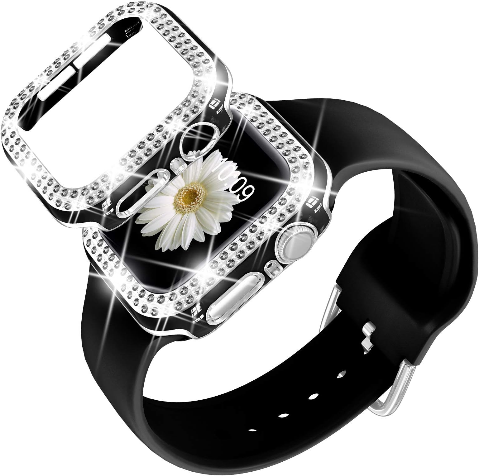 DABAOZA Compatible for Apple Watch Band with Glitter Bumper Case, Women Silicone Soft Comfortable Adjustable Strap with Buckle for iWatch SE Series 7/6/5/4/3/2/1 (Blacksilver, 44mm)