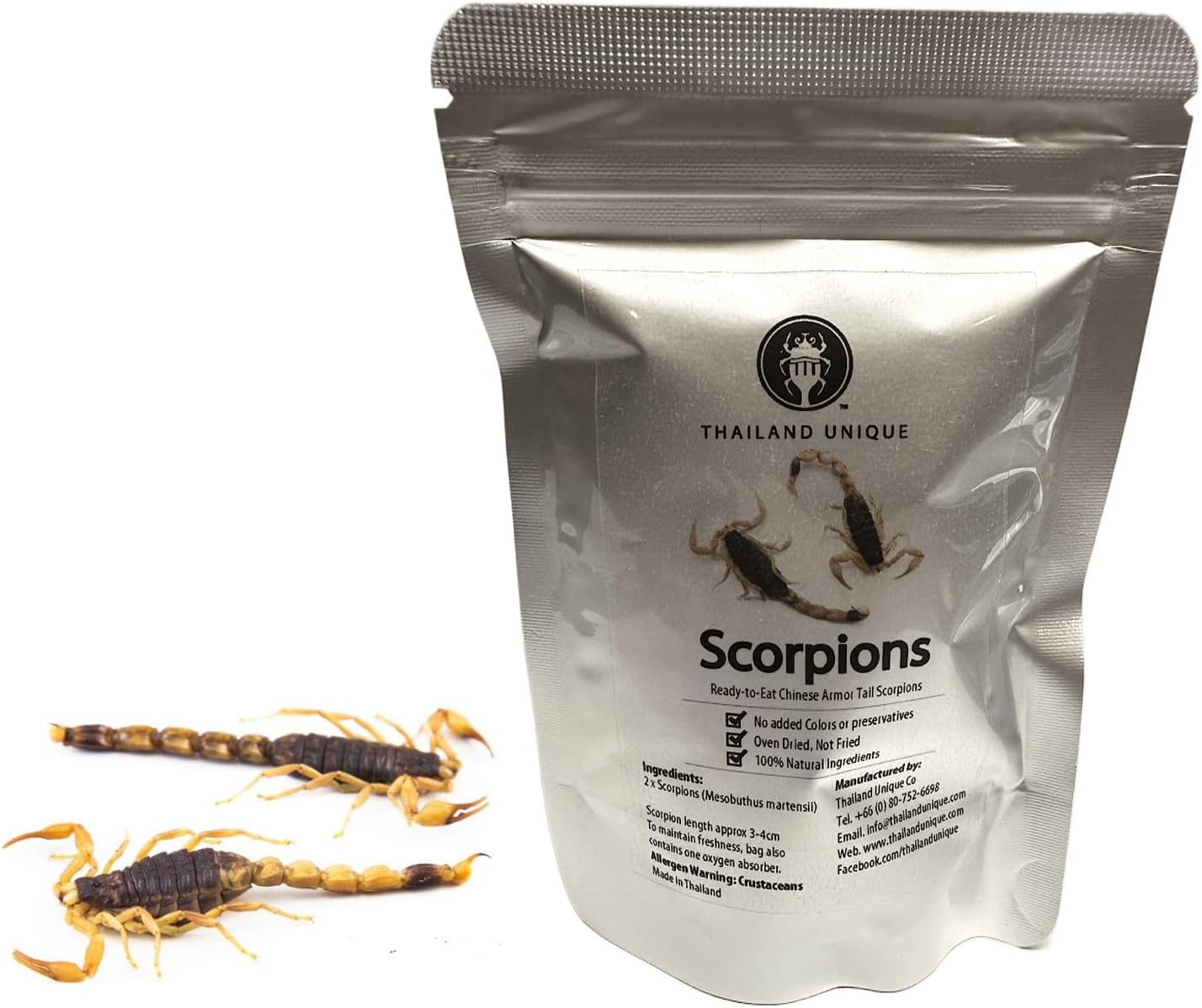 Thailand Unique Armor Tail Scorpions - 1 Bag of 2 Pieces of Dehydrated Edible Insects for Humans, Nutritious Bugs Superfood Weird Unusual Snack Gift