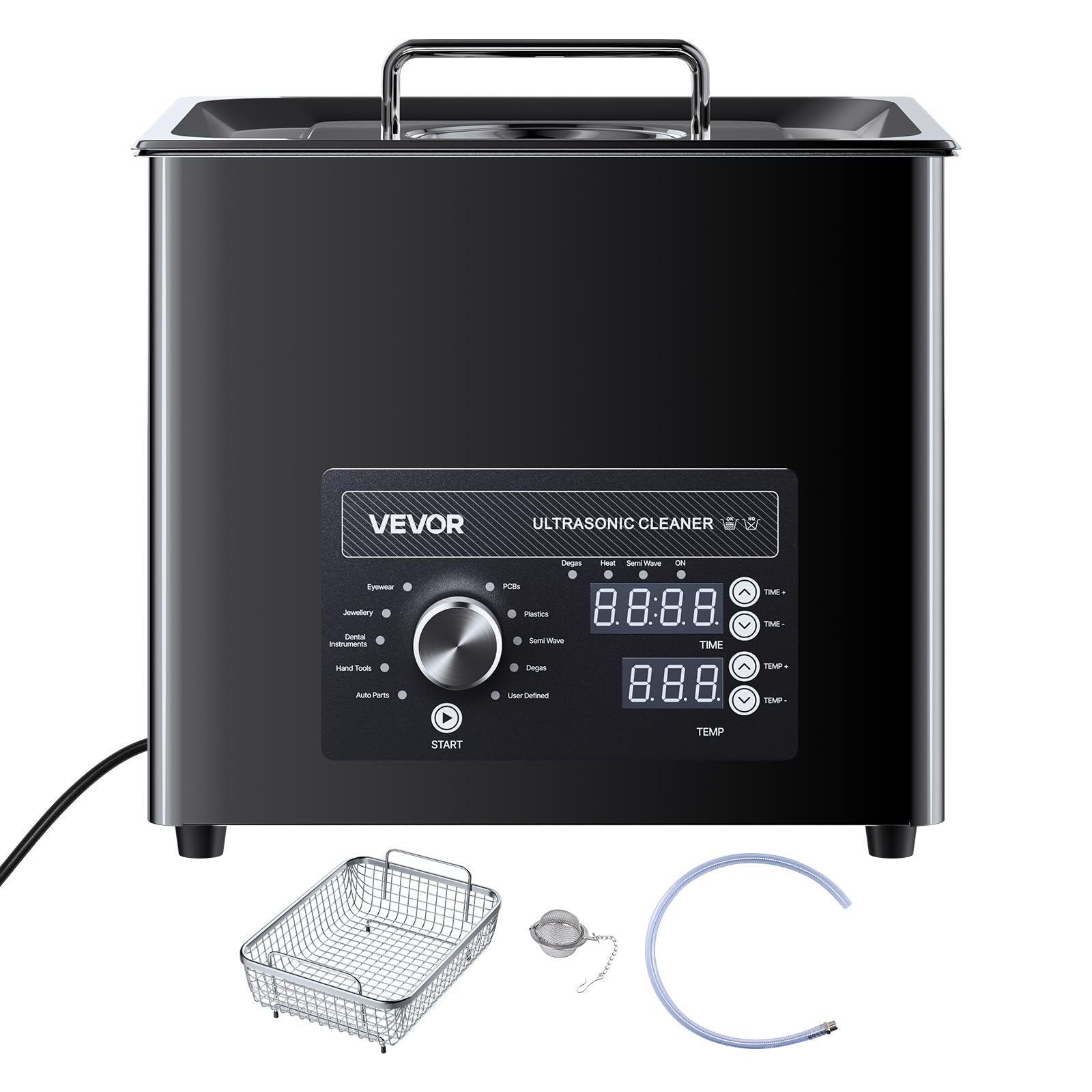 VEVOR Limpiador Ultrasónico 10 L, Máquina de Ultrasonido para Limpieza con Control de Perilla, de Acero Inoxidable, con Cesta y Bola de Limpieza para Relojes, Maquinillas de Afeitar, Joyas, Negro