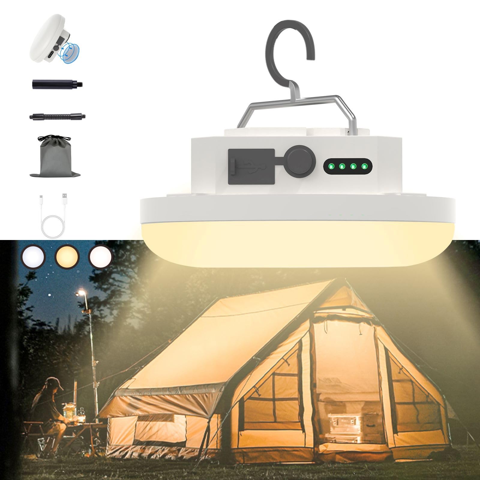 Lampes de tente de camping à suspendre, lampe de camping LED portable rechargeable avec crochet, lanterne de glamping d'extérieur étanche avec batterie pour la randonnée, les ouragans d'urgence