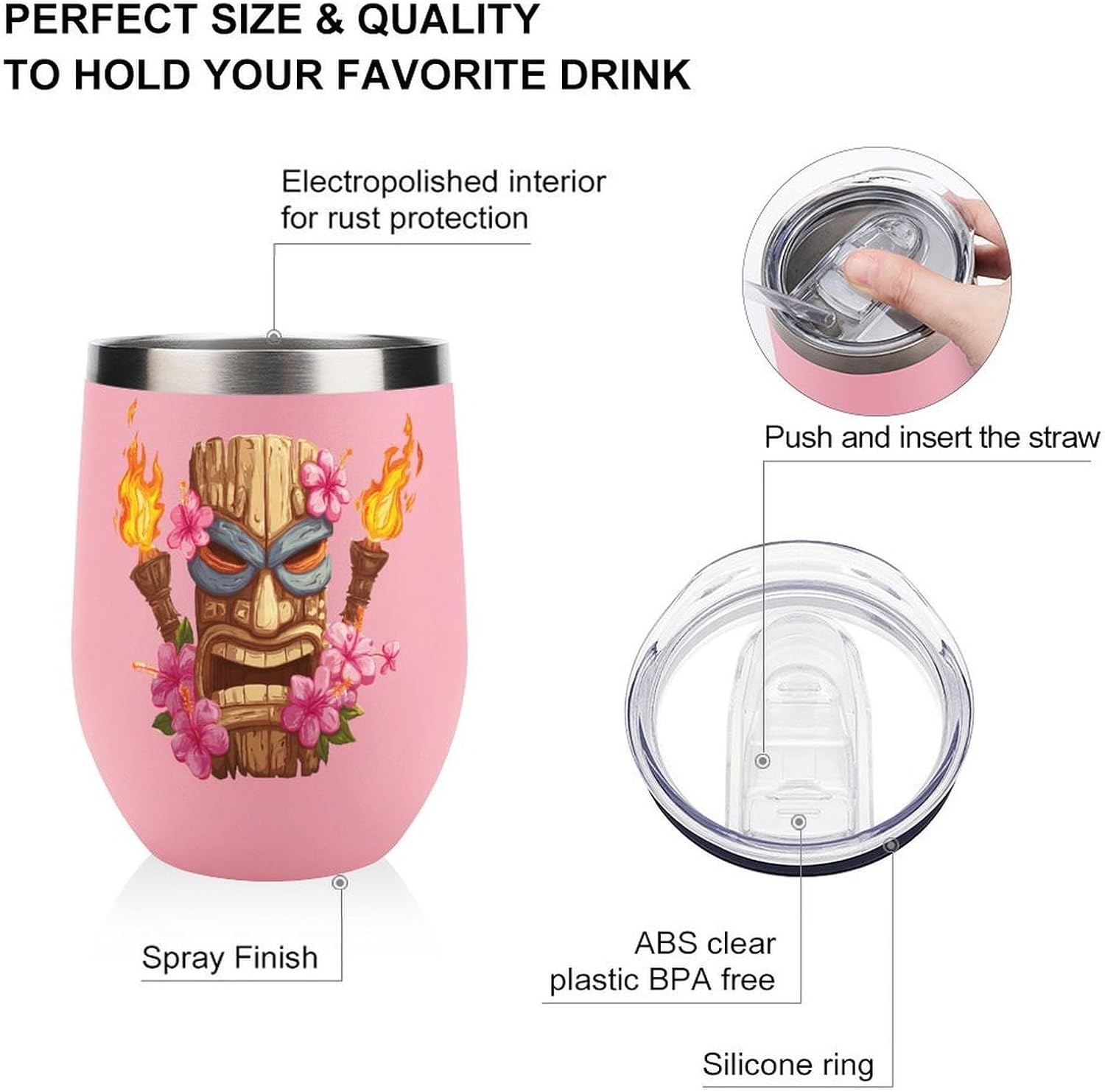 Tiki Mask Hawaiian Flowers Torches Insulated Drinking Cup Stainless Steel Coffee Mug Wine Tumbler with Lid 12OZ