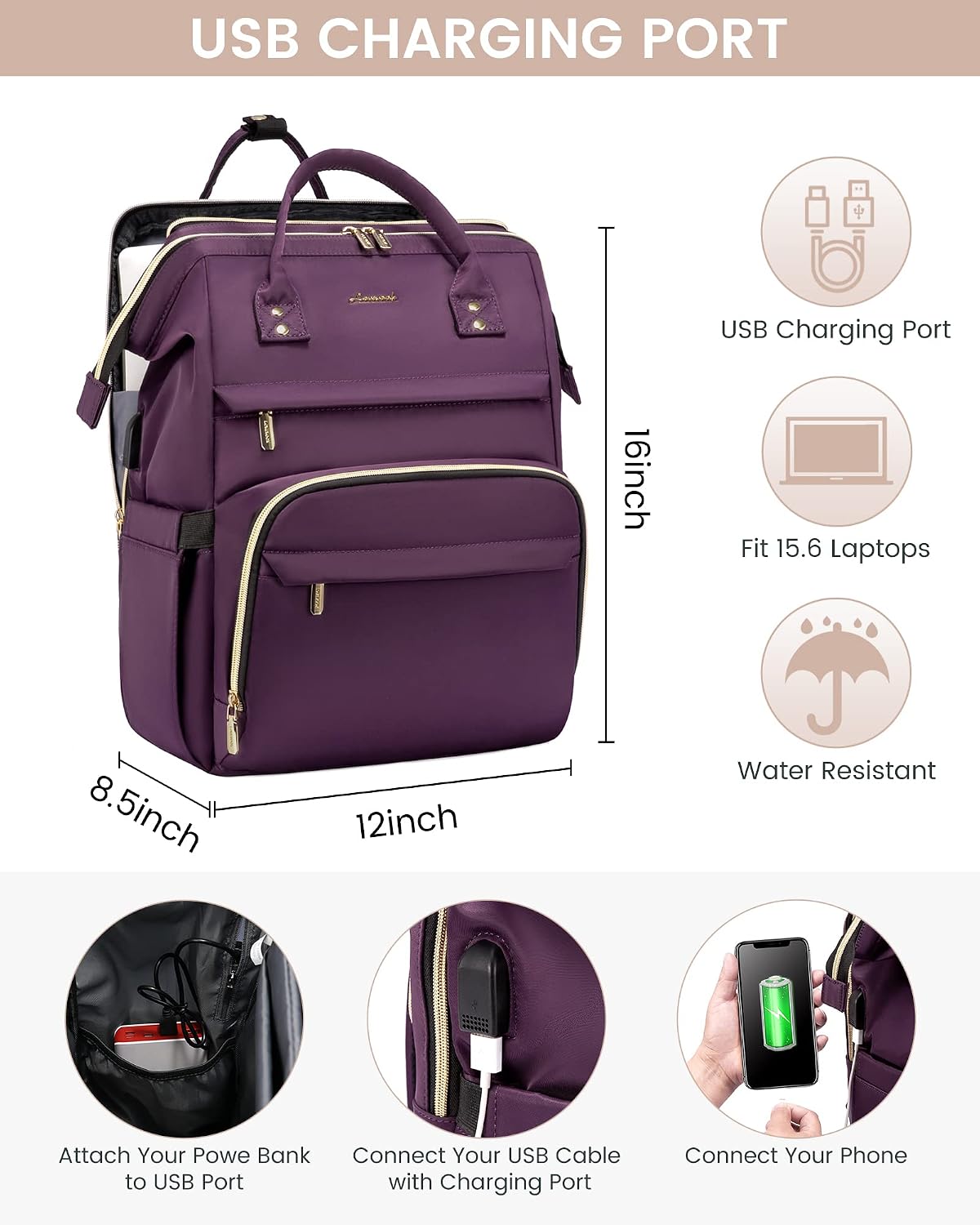 LOVEVOOK Laptop Backpack Women, 15.6 Inch Computer Backpack with Charger, Water Resistant Teacher Bag Work Backpack with Laptop Compartment for Travel Business College, Dark Purple