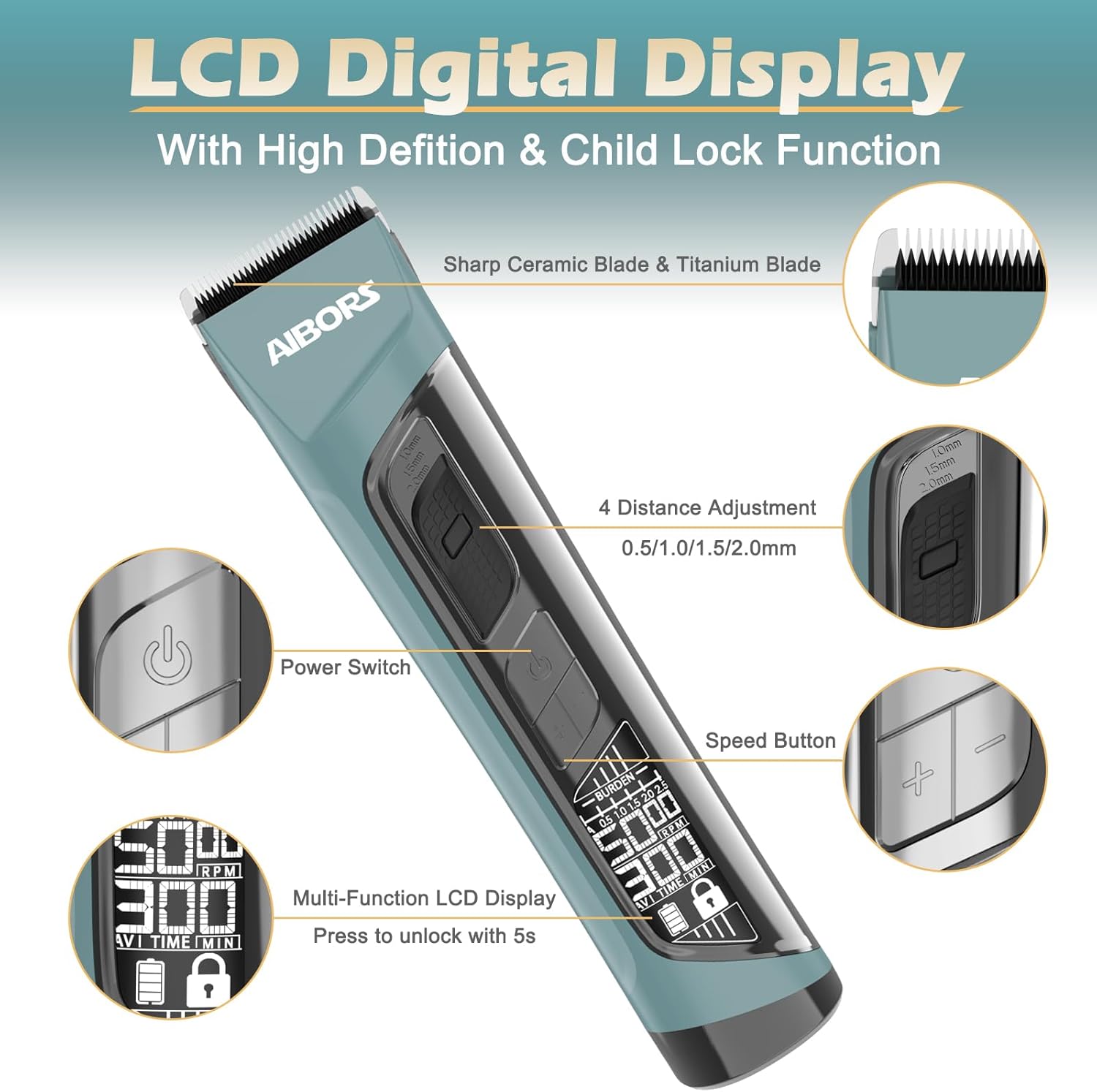 Close-up of the AIBORS Dog Clipper's LCD digital display, showing power switch, speed button, and multi-function display with burden indicator, RPM, and available time in minutes.