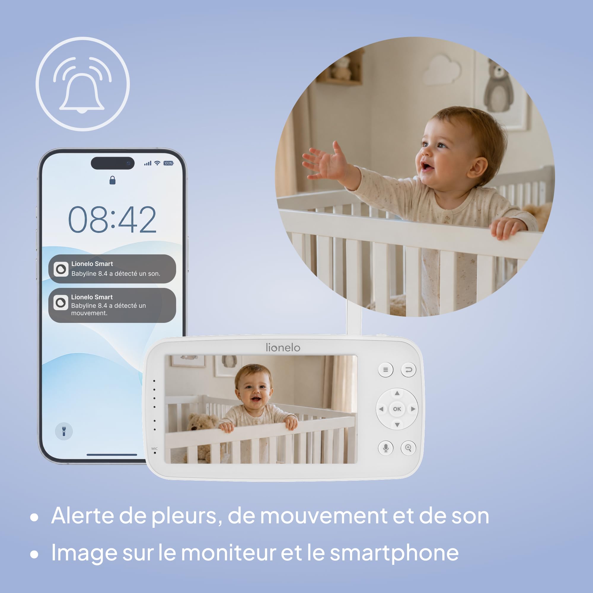 lionelo Babyline 8.4 Babyphone Caméra Full HD, Écran 5", Application Wi-FI