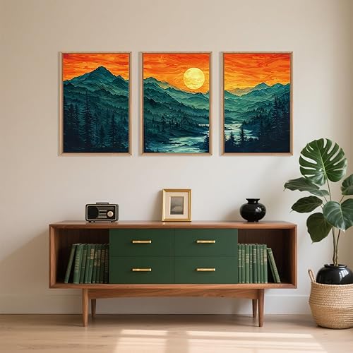 Miniatura 4 de Juego de arte de lienzo enmarcado con montaña del bosque, pintura abstracta de la pared, diseño bohemio de puesta de sol, paisaje natural moderno,
