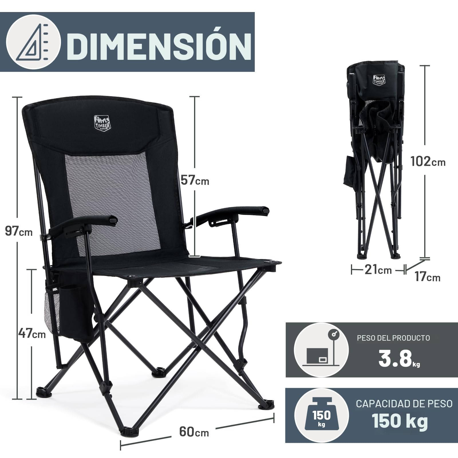 TIMBER RIDGE Silla de Camping Plegable Ligera 150 kg de Capacidad, Respaldo Alto y de Rejilla, con Portavasos y Bolsa de Transporte, para Exteriores, Playa, Festival, Pesca, Jardín, Picnic, Terraza