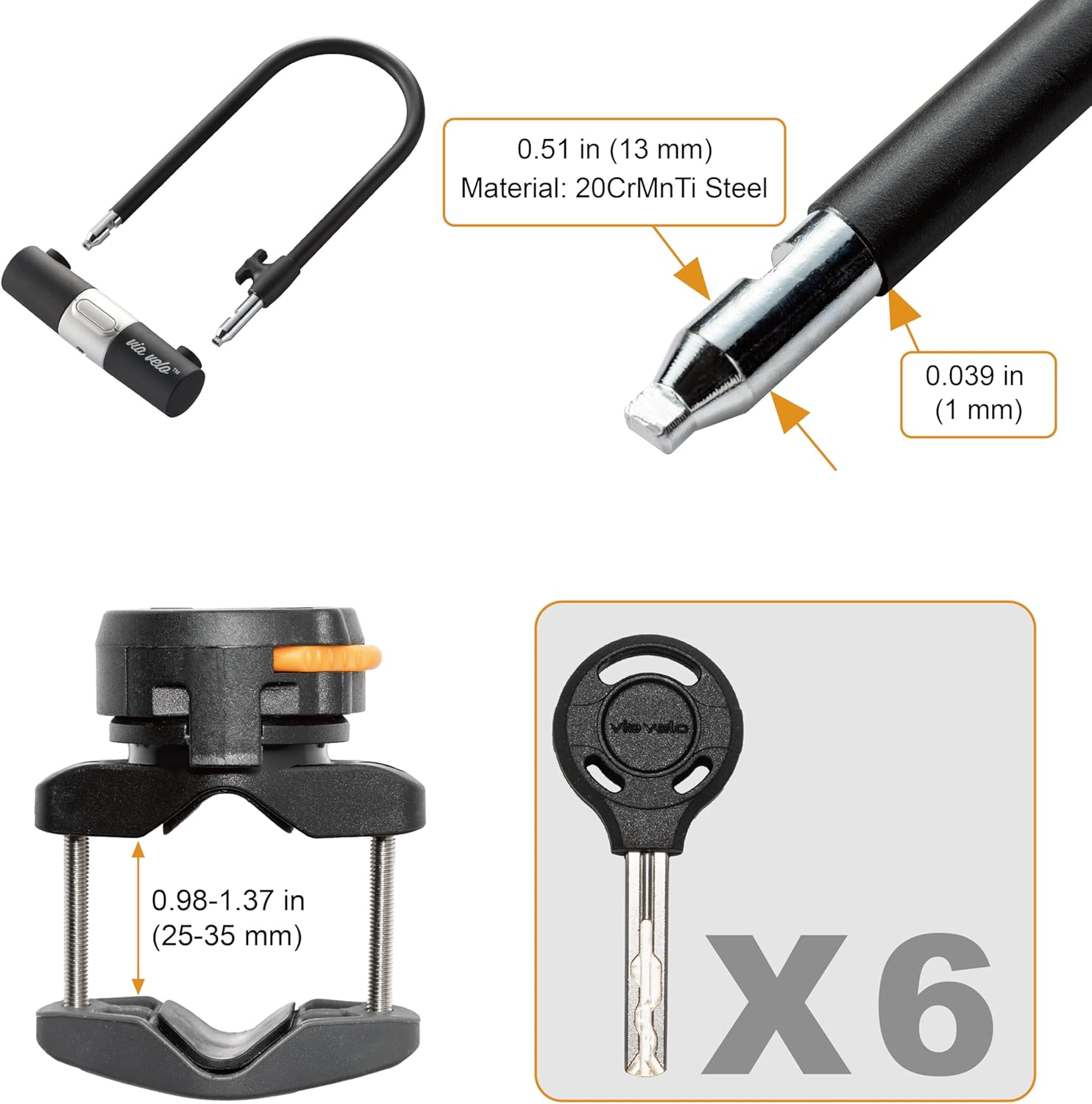 Via Velo Bike Lock 2 Sets U Lock Sold Secure Silver 15mm Shackle, 9x4.5in and Bike Chain Lock, 8mm Chain, 2.96ft Length, Same Key System 6 Keyed Alike Keys, for All Bikes, Electric Bikes